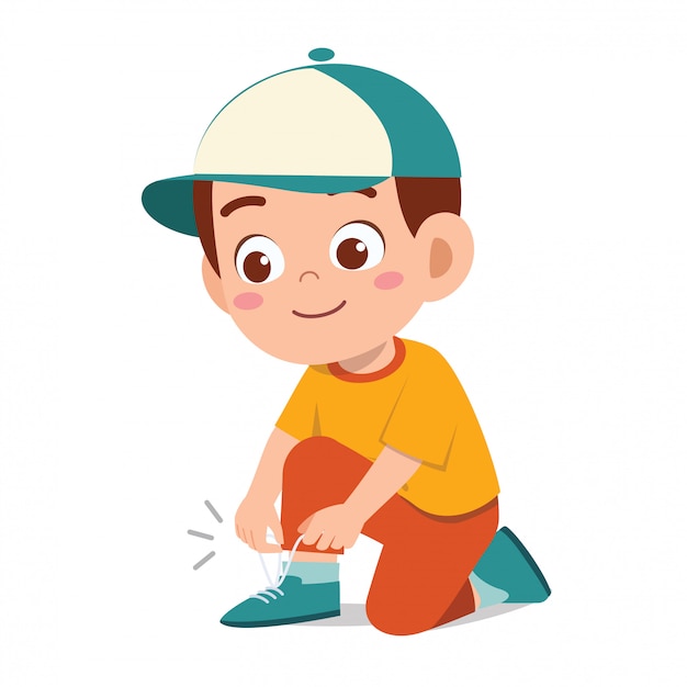 Premium Vector | Happy cute little kid boy tie shoe shoelace