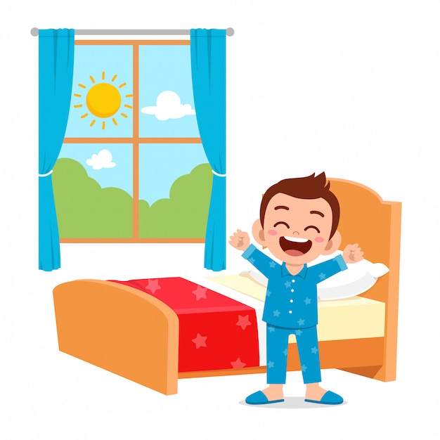 Premium Vector Happy cute little kid boy wake up in the morning