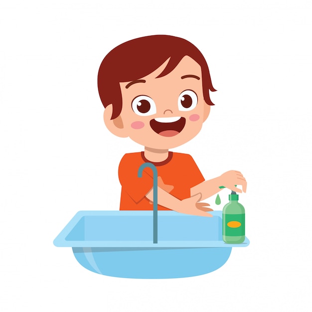 Premium Vector | Happy cute little kid boy wash hand in sink