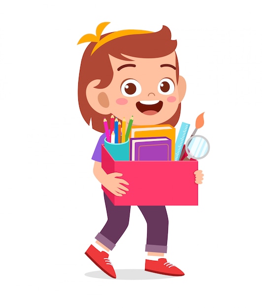 Premium Vector | Happy cute little kid girl carry box of school supplies