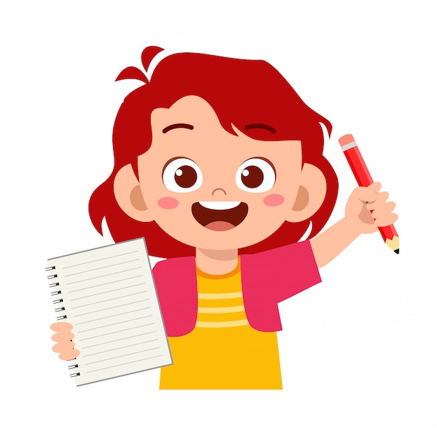 Premium Vector Happy Cute Little Kid Girl Hold Notebook And Pencil