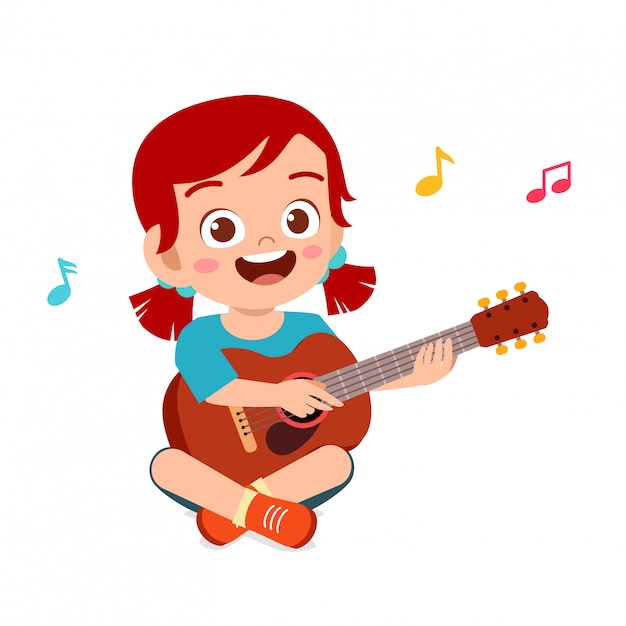 Premium Vector | Happy cute little kid girl play guitar