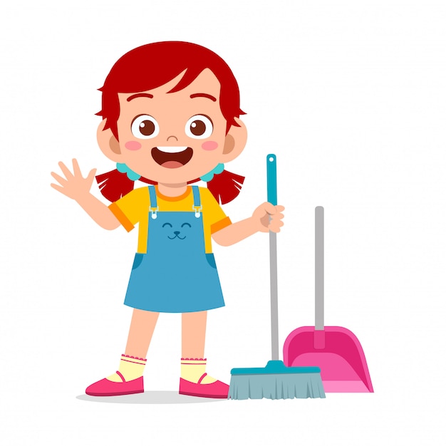 Happy Cute Little Kid Girl Sweeping Floor Illustration Premium