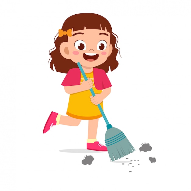 Happy Cute Little Kid Girl Sweeping Floor Premium Vector