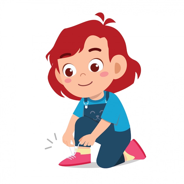 Happy cute little kid girl tie shoe shoelace | Premium Vector