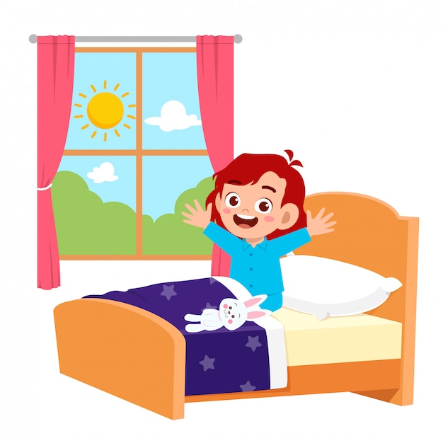 Happy cute little kid girl wake up in the morning | Premium Vector
