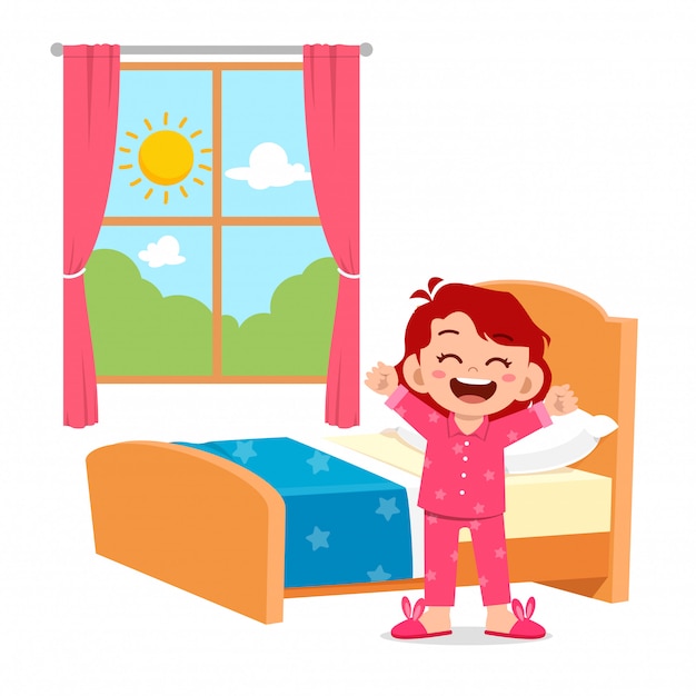 Happy cute little kid girl wake up in the morning | Premium Vector