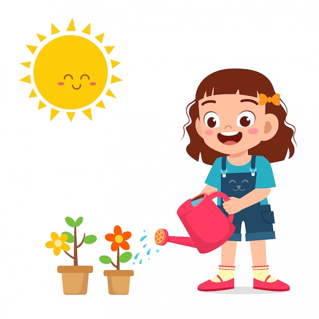 Free Vector | Happy cute little kid girl watering flower