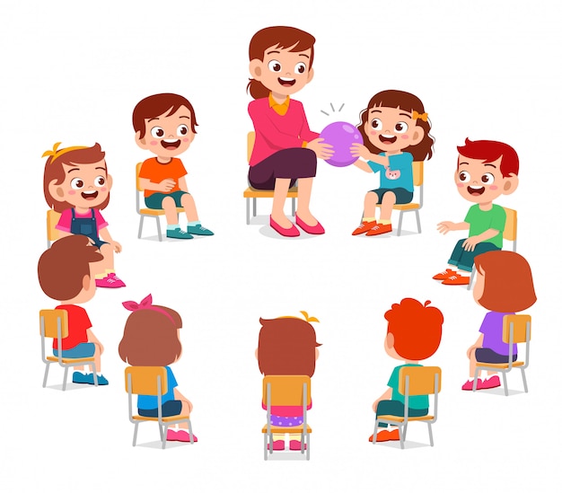 Happy cute little kids boy and girl study with teacher | Premium Vector