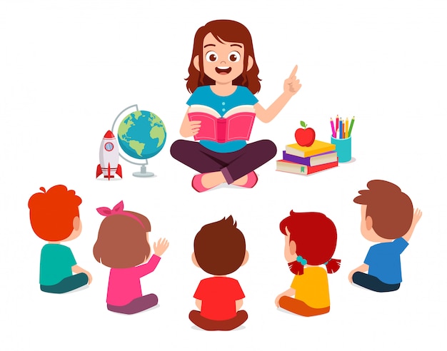 Happy cute little kids boy and girl study with teacher Premium Vector