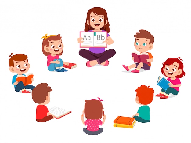 Premium Vector | Happy cute little kids boy and girl study with teacher