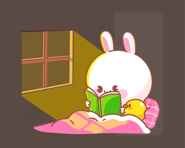 夜の漫画イラストで寝る前にアヒルと本のベッドを読んで幸せなかわいいウサギ プレミアムベクター