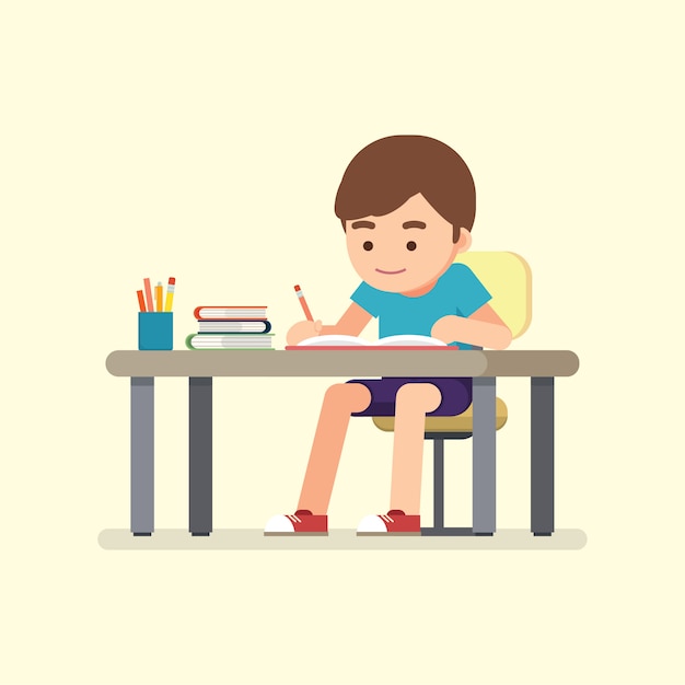 Premium Vector Happy cute school boy writing for homework, study
