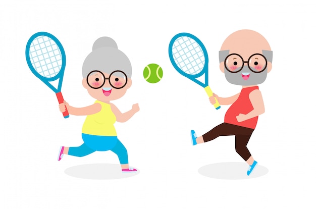 幸せなかわいいシニアカップル屋外テニス白い背景で隔離スポーツ用品イラストと高齢者 プレミアムベクター