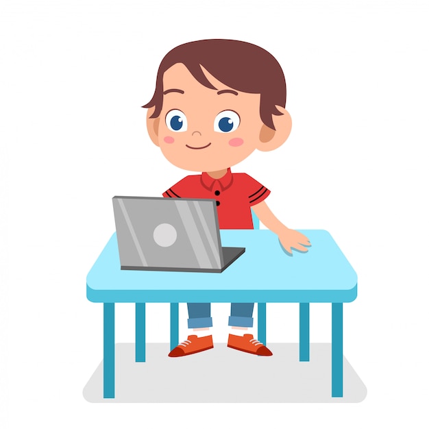 Happy cute smart kid play laptop internet | Premium Vector