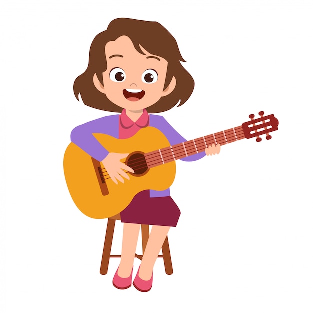 Happy cute teen play guitar sing artist Vector | Premium Download