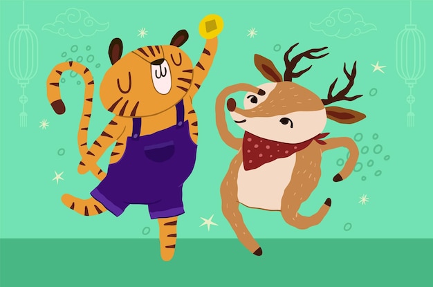 Premium Vector | Happy cute tiger and deer scandinavian style flat design