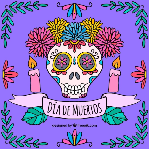 Happy day of the dead skull with flowers Vector Free Download