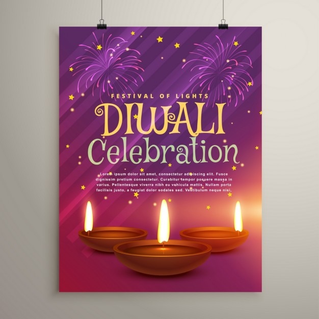 Happy diwali brochure with purple lights and\
candles