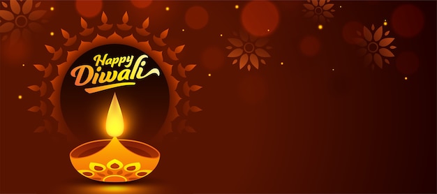 Premium Vector | Happy diwali font with lit oil lamp (diya) and floral ...