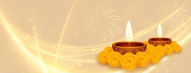 Free Vector Happy Diwali Shiny Diya And Marigold Flower Banner 