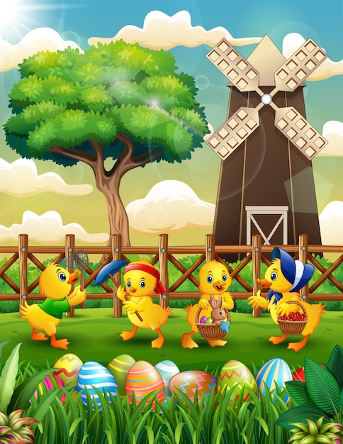 Happy easter background farm with a bunch cute duckling Premium Vector