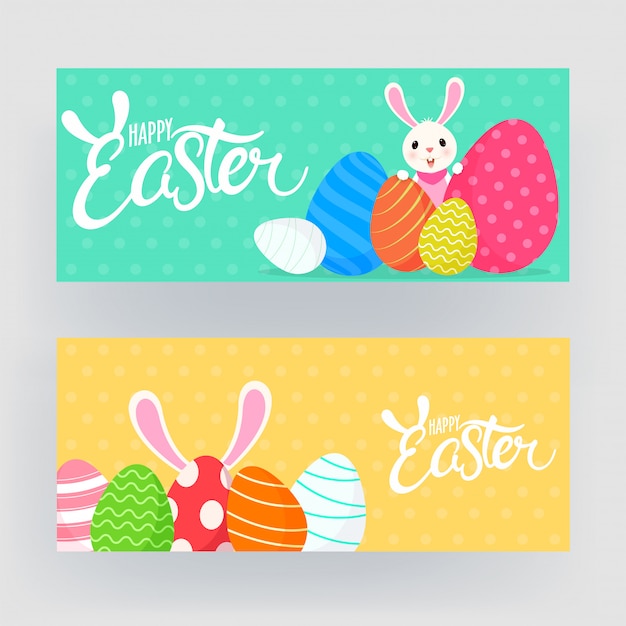 Download Happy easter banner set with cartoon bunny | Premium Vector