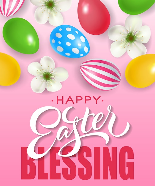 Premium Vector Happy easter blessing lettering with ornate eggs and