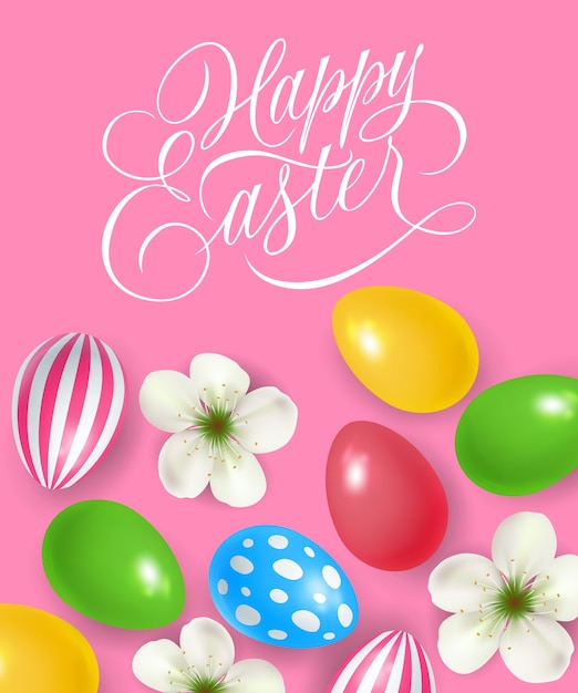 Premium Vector Happy Easter Calligraphy With Eggs And Flowers On Pink Background 1374