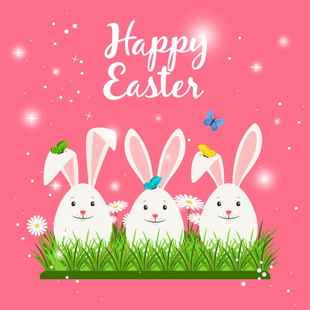 かわいい白いウサギやウサギの卵形と春の花とハッピーイースターのカード ベクトルイラスト プレミアムベクター