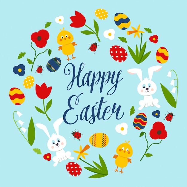 Premium Vector | Happy easter card with floral wreath.