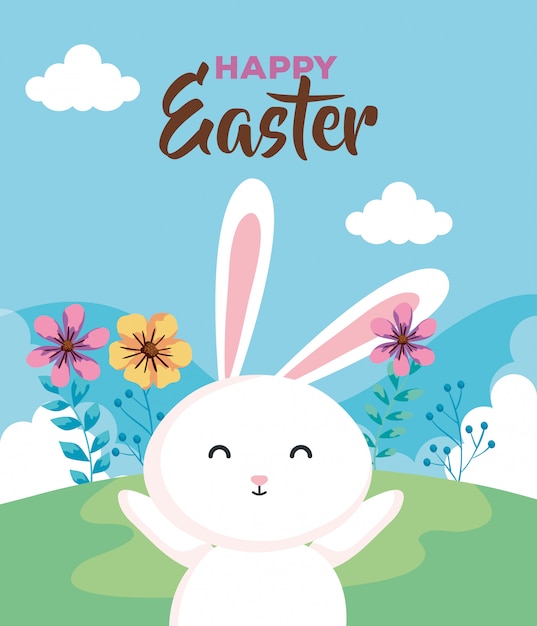 Download Happy easter card with rabbit in landscape | Premium Vector