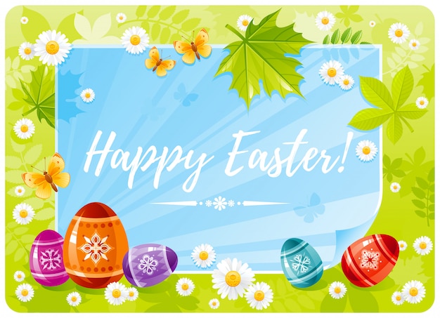 Premium Vector | Happy easter cartoon with eggs, tree leaves and paper ...
