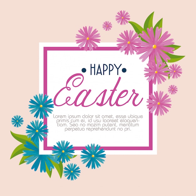Happy easter celebration with flowers and leaves Free Vector