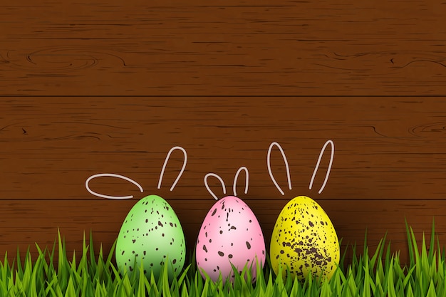 Premium Vector Happy Easter Colorful Funny Cute Bunny Decorated Quail Easter Eggs Grass On Wooden Background