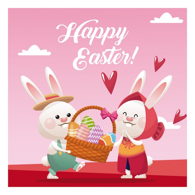 Premium Vector | Happy easter couple bunny basket egg pink