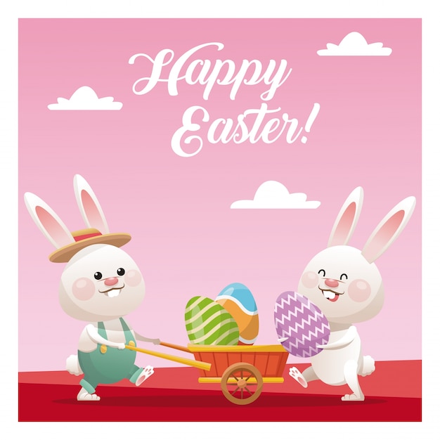 Happy easter couple bunny carrying egg pink | Premium Vector