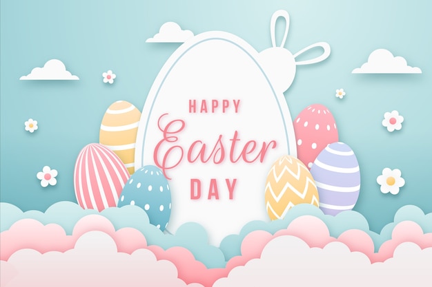 Happy easter day in paper style with multicolored eggs Free Vector