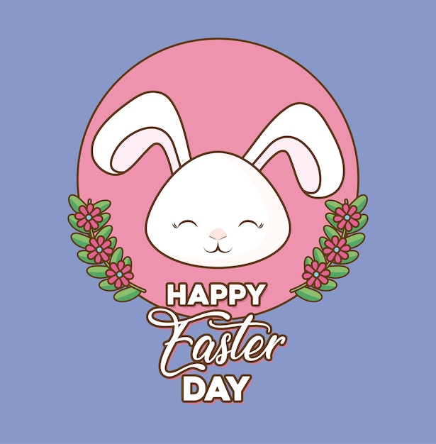 Premium Vector Happy Easter Day With Cute Rabbit And Decorative Wreath Of Flowers And Leaves