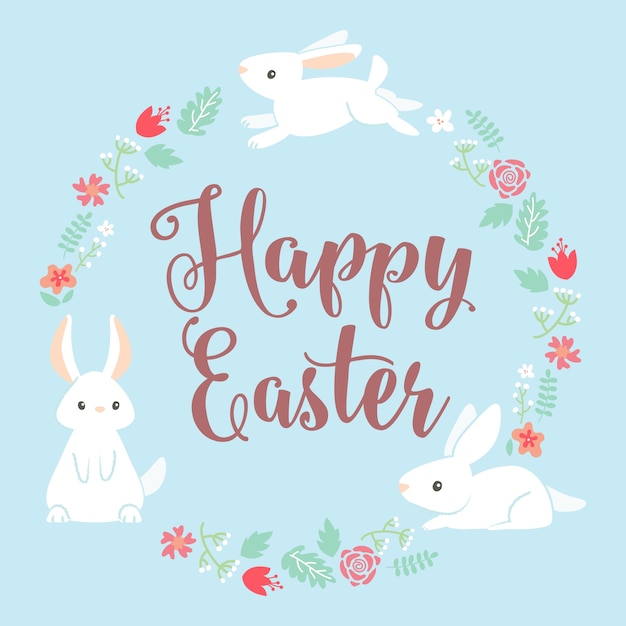 Happy easter day with rabbit and floral frame Vector | Free Download