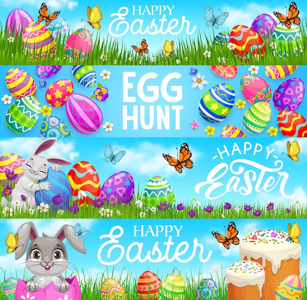 Premium Vector Happy Easter Egg Hunt Cartoon Bunnies Painted Eggs And Cakes On Meadow With Flowers