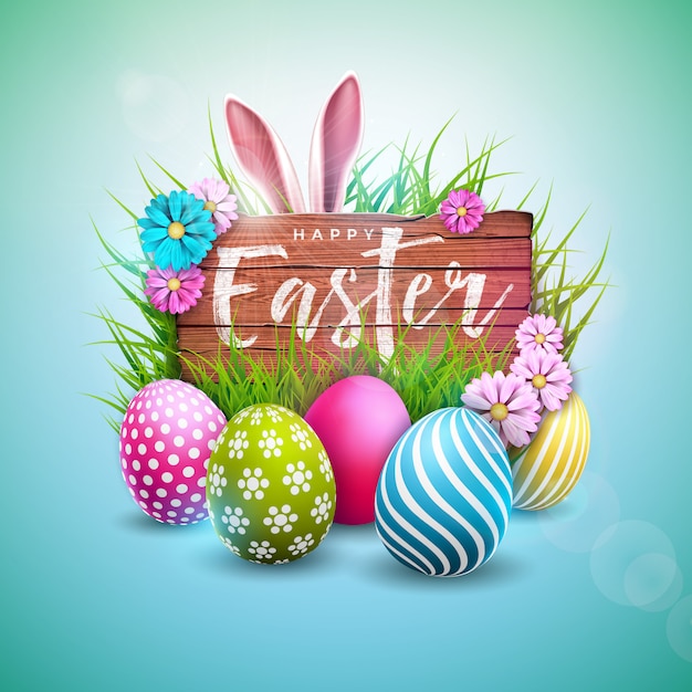 Happy easter holiday design with painted egg and rabbit ears ...