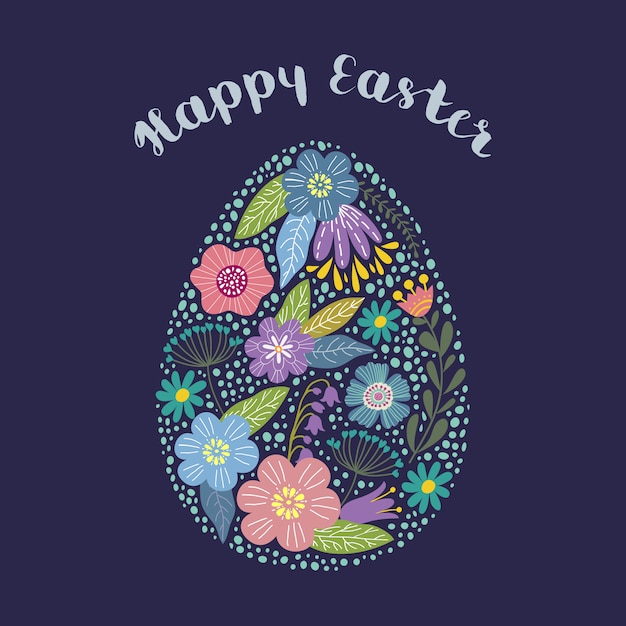 Happy easter. isolated cartoon cute egg with floral design with text. vector Premium Vector