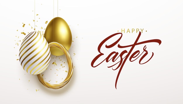 Happy easter lettering background with 3d realistic golden glitter decorated eggs, confetti. vector illustration eps10 Free Vector