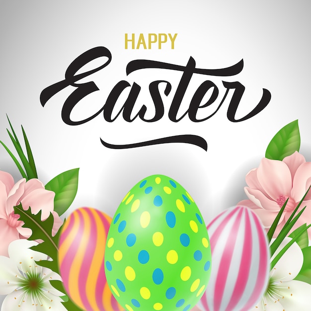 Premium Vector | Happy easter lettering and decorations