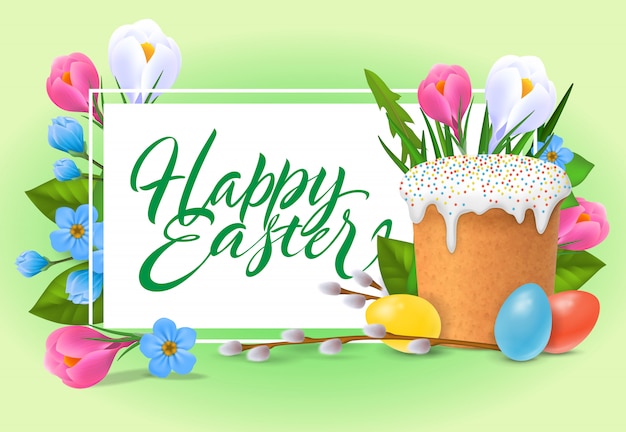 Happy Easter lettering. Holiday inscription\
with sweet bread, buds, colorful eggs.