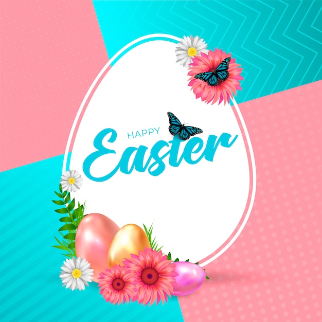 Premium Vector | Happy easter pink and blue background with colorful egg