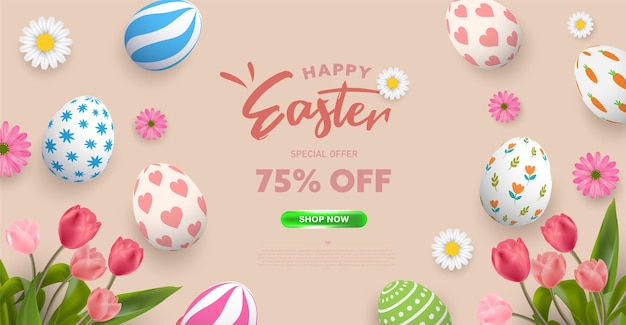 Happy easter poster background or banner design with coloful easter eggs with cute pattern and tulip