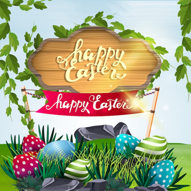 Premium Vector | Happy easter, vector illustration with wooden sign