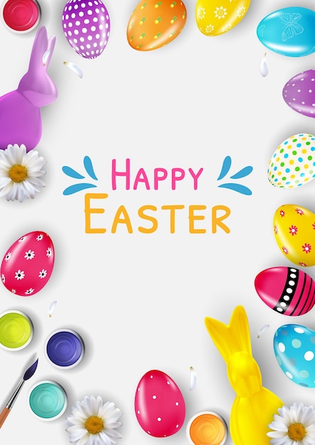 Premium Vector | Happy easter with 3d realistic easter eggs and paint.